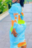 Multicolor Fashion Casual Print Basic O Neck Long Sleeve Dresses