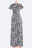White Fashion Sexy Print Slit V Neck Short Sleeve Dress