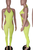 Rose Red Sexy Solid Hollowed Out Patchwork Frenulum Backless Halter Skinny Jumpsuits