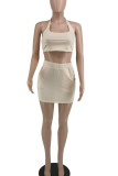 Cream White Casual Solid Split Joint U Neck A Line Plus Size Two Pieces