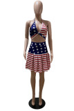 Blue Red Fashion Sexy Print Backless Strap Design Halter Sleeveless Two Pieces