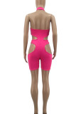 Pink Sexy Solid Hollowed Out Patchwork Halter Skinny Rompers
