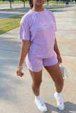 Purple Fashion Casual Print Basic O Neck Short Sleeve Two Pieces