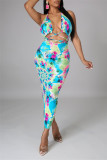 Blue Sexy Print Tie Dye Backless Strap Design Halter Sleeveless Dress