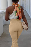 Khaki Fashion Casual Solid Basic Regular High Waist Trousers