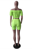 Fluorescent Green Fashion Casual Solid Backless Off the Shoulder Short Sleeve Two Pieces