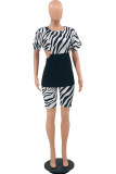 White Casual Animal Print Patchwork O Neck Short Sleeve Two Pieces