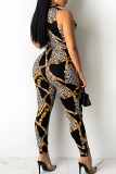 Pink Sexy Print Patchwork Frenulum V Neck Skinny Jumpsuits