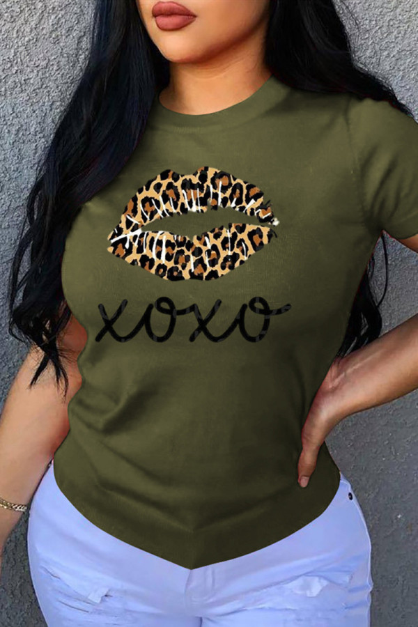 Grass Green Fashion Casual Print Basic O Neck T-Shirts