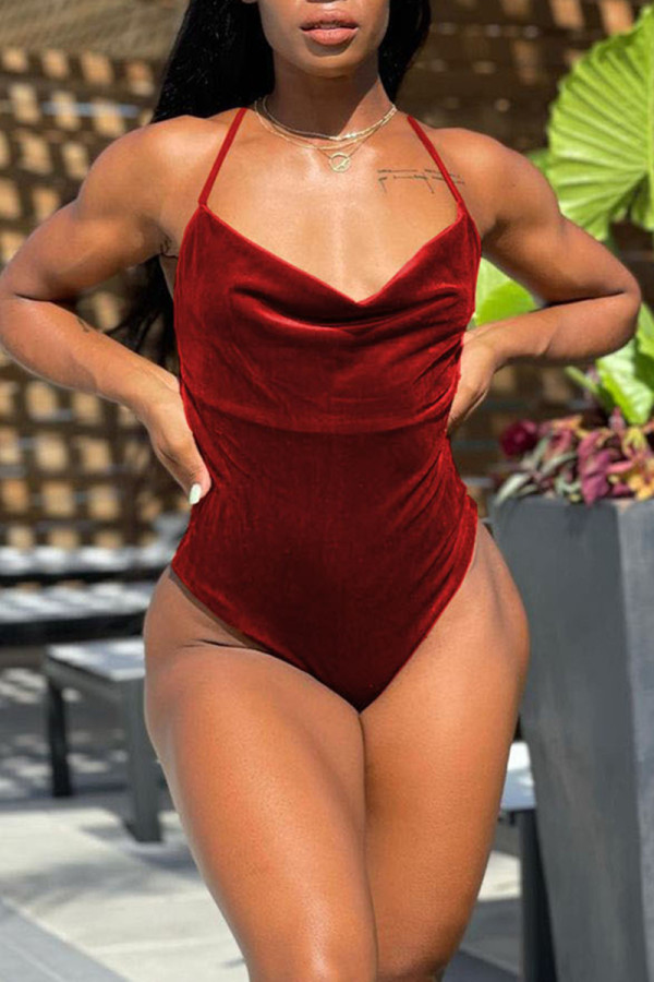 Burgundy Fashion Sexy Solid Backless Swimwears