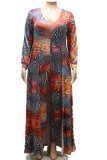 Brown Red Sexy Print Split Joint V Neck Plus Size Jumpsuits