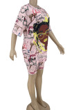 Pink Casual Print Patchwork V Neck Short Sleeve Two Pieces