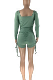 Pink Casual Solid Patchwork Draw String Fold U Neck Skinny Rompers