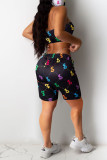 Black Fashion Sexy Print Backless Strapless Sleeveless Two Pieces