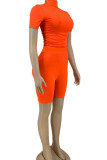 Tangerine Casual Solid Split Joint Half A Turtleneck Short Sleeve Two Pieces