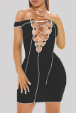 Sky Blue Sexy Solid Hollowed Out Backless Off the Shoulder Short Sleeve Dress