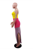 Multicolor Sexy Casual Patchwork Backless Slit Spaghetti Strap Long Dress