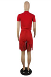 Red Fashion Casual Solid Tassel O Neck Short Sleeve Two Pieces