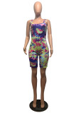 Red Fashion Sexy Print Tie Dye Ripped U Neck Regular Romper