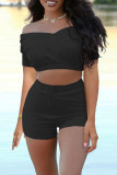 Pink Fashion Casual Solid Basic V Neck Short Sleeve Two Pieces