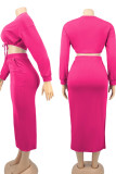 Rose Red Casual Solid Patchwork Frenulum Slit O Neck Long Sleeve Two Pieces