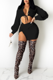 Black Sexy Solid Slit Turndown Collar Long Sleeve Two Pieces