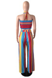 Multicolor Sexy Casual Striped Print Backless Strapless Sleeveless Two Pieces