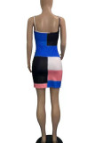 Blue Sexy Color Lump Print Patchwork Fold Spaghetti Strap Pencil Skirt Dresses
