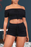 Black Fashion Solid Backless Off the Shoulder Short Sleeve Two Pieces