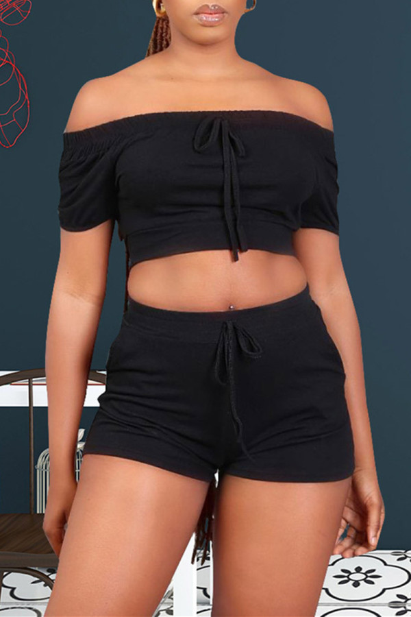 Black Fashion Solid Backless Off the Shoulder Short Sleeve Two Pieces
