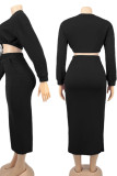 Rose Red Casual Solid Patchwork Frenulum Slit O Neck Long Sleeve Two Pieces