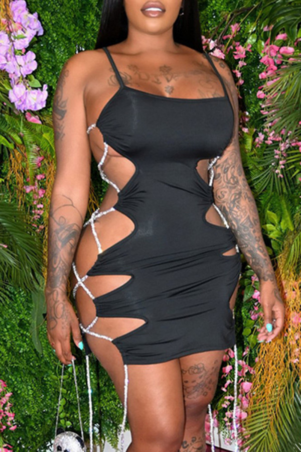 Black Fashion Sexy Solid Hollowed Out Backless Spaghetti Strap Sleeveless Dress