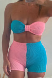 Yellow Purple Sexy Solid Patchwork Knotted Contrast Strapless Sleeveless Two Pieces