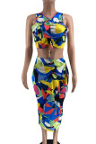 Blue Sexy Print Split Joint Draw String Fold O Neck Pencil Skirt Plus Size Two Pieces