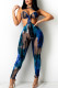 Deep Blue Sexy Print Patchwork Frenulum Backless Halter Skinny Jumpsuits