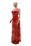 Red Fashion Sexy Patchwork See-through Backless Spaghetti Strap Sleeveless Two Pieces