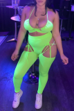 Fluorescent Green Sexy Solid Hollowed Out Halter Sleeveless Two Pieces