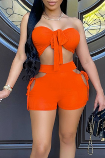 Tangerine Red Sexy Solid Hollowed Out Halter Sleeveless Two Pieces
