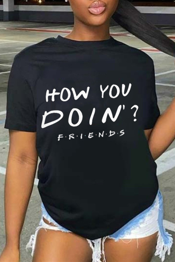Black Fashion Casual Letter Print Basic O Neck T-Shirts