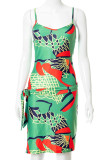Green Sexy Print Patchwork High Opening Spaghetti Strap A Line Dresses