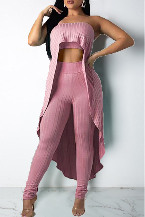 Pink Fashion Sexy Solid Backless Asymmetrical Strapless Sleeveless Two Pieces