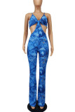 Blue Sexy Print Hollowed Out Patchwork Spaghetti Strap Boot Cut Jumpsuits