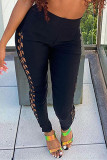 Black Fashion Casual Solid Hollowed Out Skinny High Waist Pencil Trousers