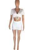 Pink Fashion Casual Solid Bandage V Neck Short Sleeve Two Pieces