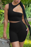 Black Sexy Solid Hollowed Out O Neck Sleeveless Two Pieces