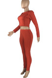 Deep Pink Casual Solid Hollowed Out Patchwork Frenulum O Neck Long Sleeve Two Pieces