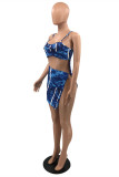 Blue Sexy Print Hollowed Out Backless Slit Spaghetti Strap Sleeveless Dress