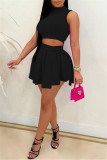 Rose Red Sexy Casual Solid Basic Half A Turtleneck Sleeveless Two Pieces