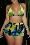 Blue Fashion Sexy Print Tie Dye Bandage Backless Swimwears