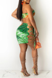 Green Fashion Sexy Print Bandage Backless Strapless Sleeveless Two Pieces